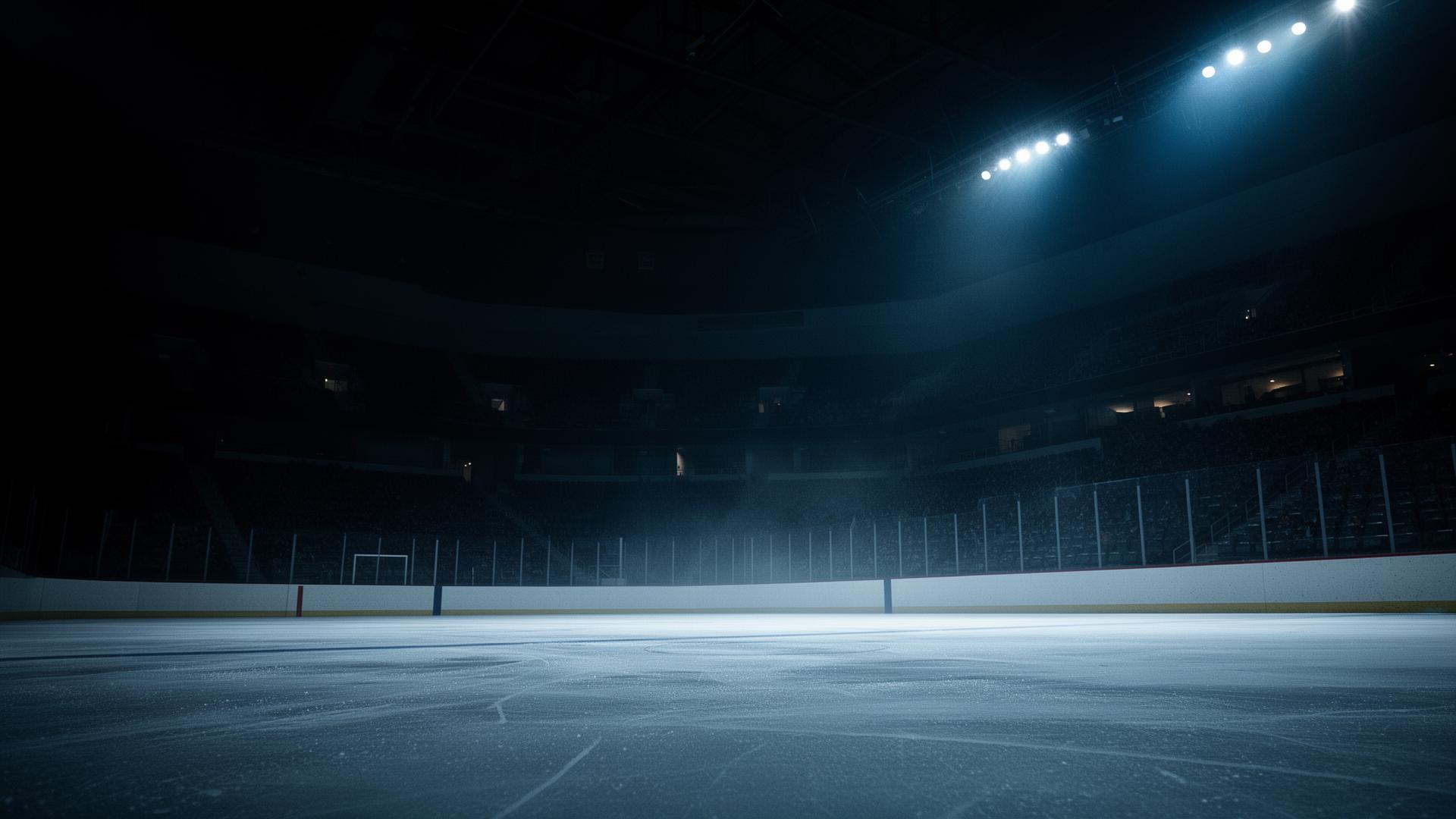 Empty hockey arena illuminated by cold blue rink lights